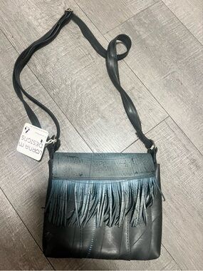 Lorna M Designs black leather up-cycled inner tubes boho bag with fringe NEW